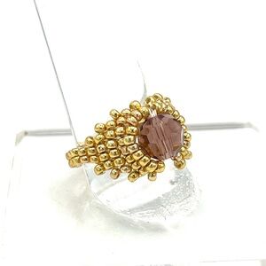 HAND CRAFTED Custom Beaded Cocktail Ring Gold with Purple Crystal